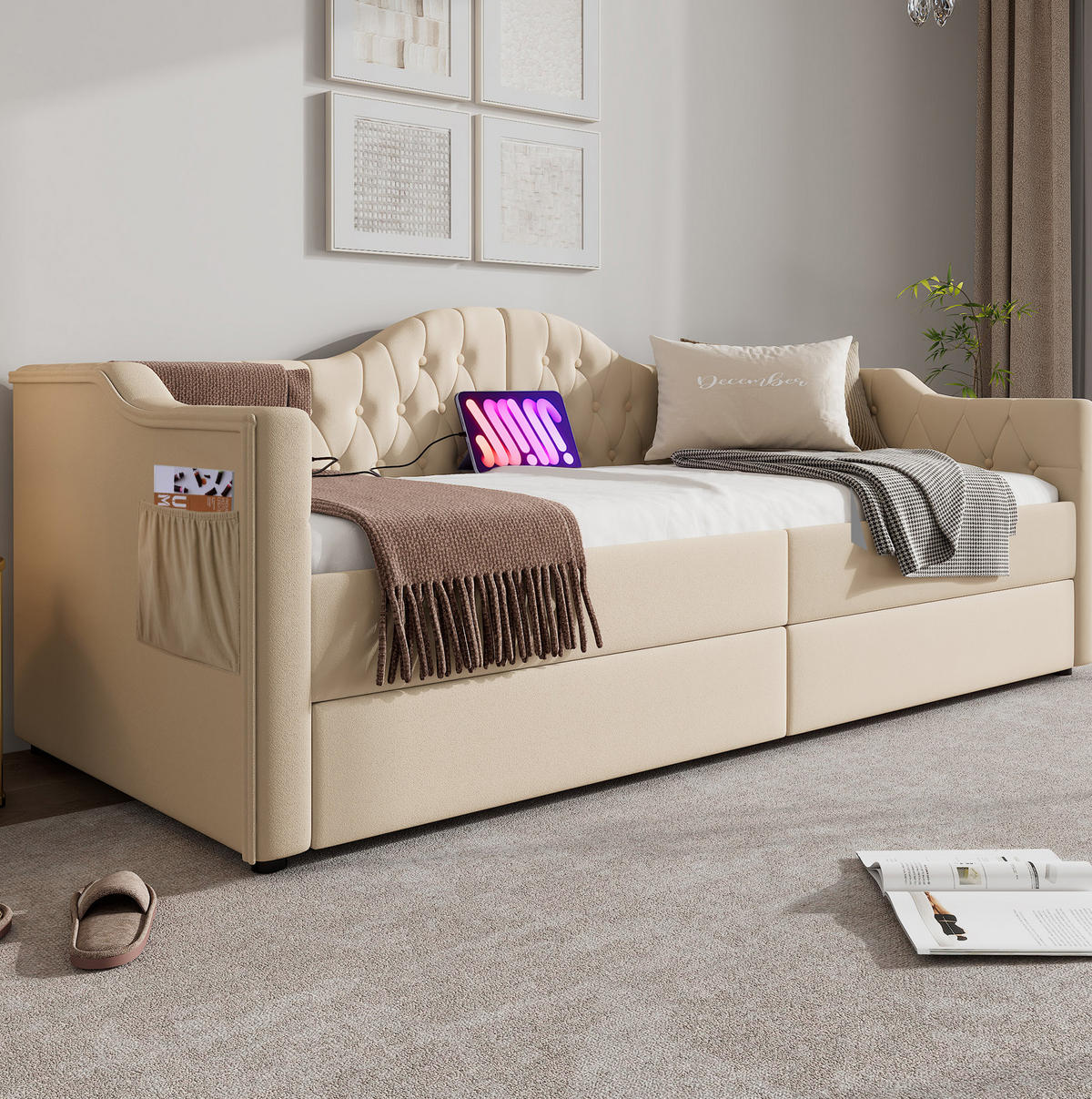 OBLAZINJENA postelja 90/200 cm z USB in priključkom Type-C, 2 predaloma in stranskimi žepi, Bež - bež, tekstil (90/200cm) - Redom