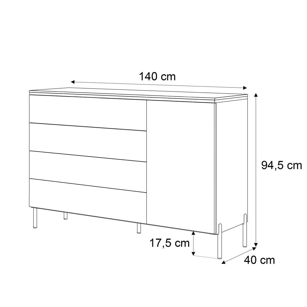 KOMMODE AURORA SILVER 4S1D mit Schubladen – mit geraden verchromten Beinen - Weiß Hochglanz, Holzwerkstoff (140/94.5/40cm) - Lookway