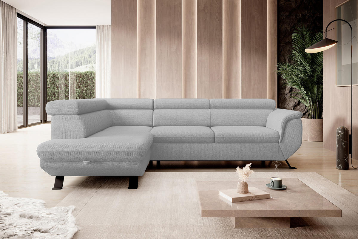 ECKSOFA RAVEN L mit Schlaffunktion und Bettkasten, Freistehend, Polstersofa mit Verstellbaren Kopfstützen, 257x198x96 cm, Linke, Esche - Silberfarben, Holz/Textil (198/256cm) - DomoHome