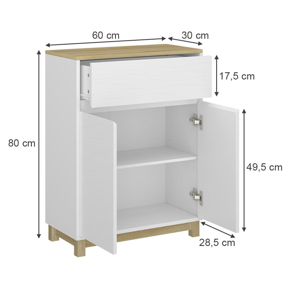MIDISCHRANK Livia Weiß 60 x 80 cm mit Schublade - Weiß/Naturfarben, Holzwerkstoff (60/80/30cm) - Vicco