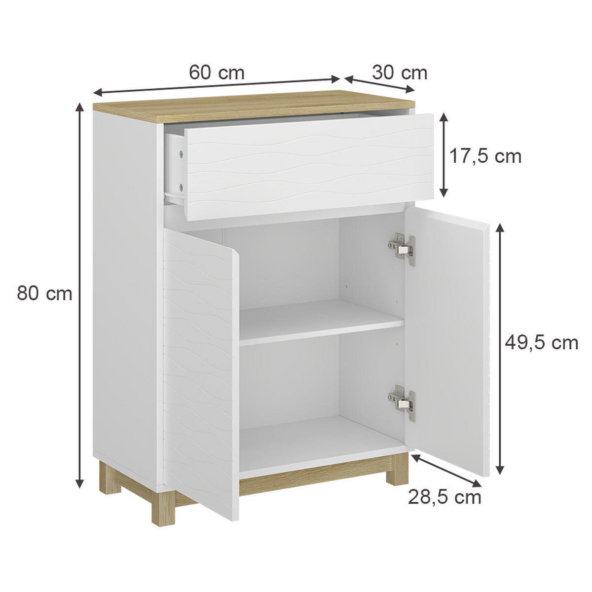 MIDISCHRANK Livia Weiß 60 x 80 cm mit Schublade - Weiß/Naturfarben, Holzwerkstoff (60/80/30cm) - Vicco