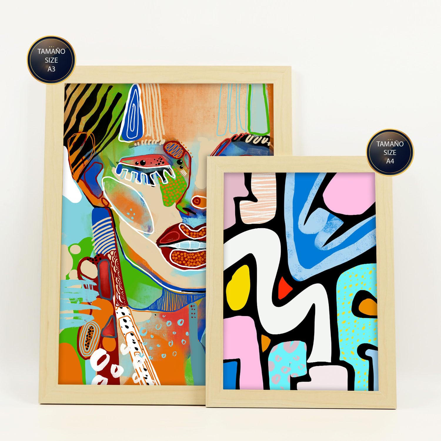 POSTER Set Mit 6 Lady Mazarelli In Weibliche Zusammenfassung Ästhetische Dekorative Gemälde Für Ihr Wohnzimmer Zuhause A3 & A4 Rahmen Aus Hellem Holz - Beige, Papier (29/3cm) - Nacnic