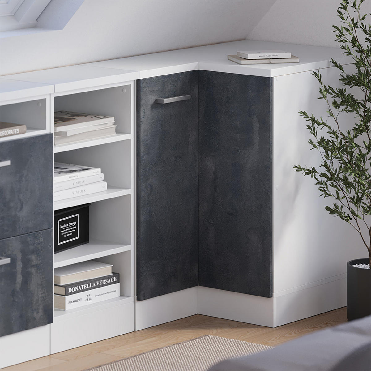 KOTNI KUHINJSKI ORMAR ZA KOSINE KROVA R-Line Crni Beton 75.6 cm s 1 vratima, korpus ormarića dubine 60 cm - bijela/crna, drvni materijal (75.6/83.8/60cm) - Vicco