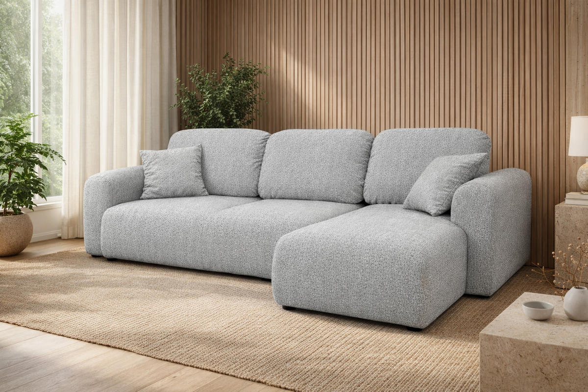 ECKSOFA Mit Schlaffunktion Und Bettkasten, Sofa L-Form Bingo L, Chenille-Stoff Artico, Cement, Rechts - Hellgrau, Holz (250/142cm) - Kaiser Möbel