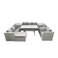 GARTENMÖBEL SET mit 3-Sitzer-Sofa und 2 Stühle, Esstisch,2 Beistelltischen,Großer Fußhocker Polyrattan Hellgrau 9-Sitzer - Hellgrau/Grau, Glas/Kunststoff - Fimous