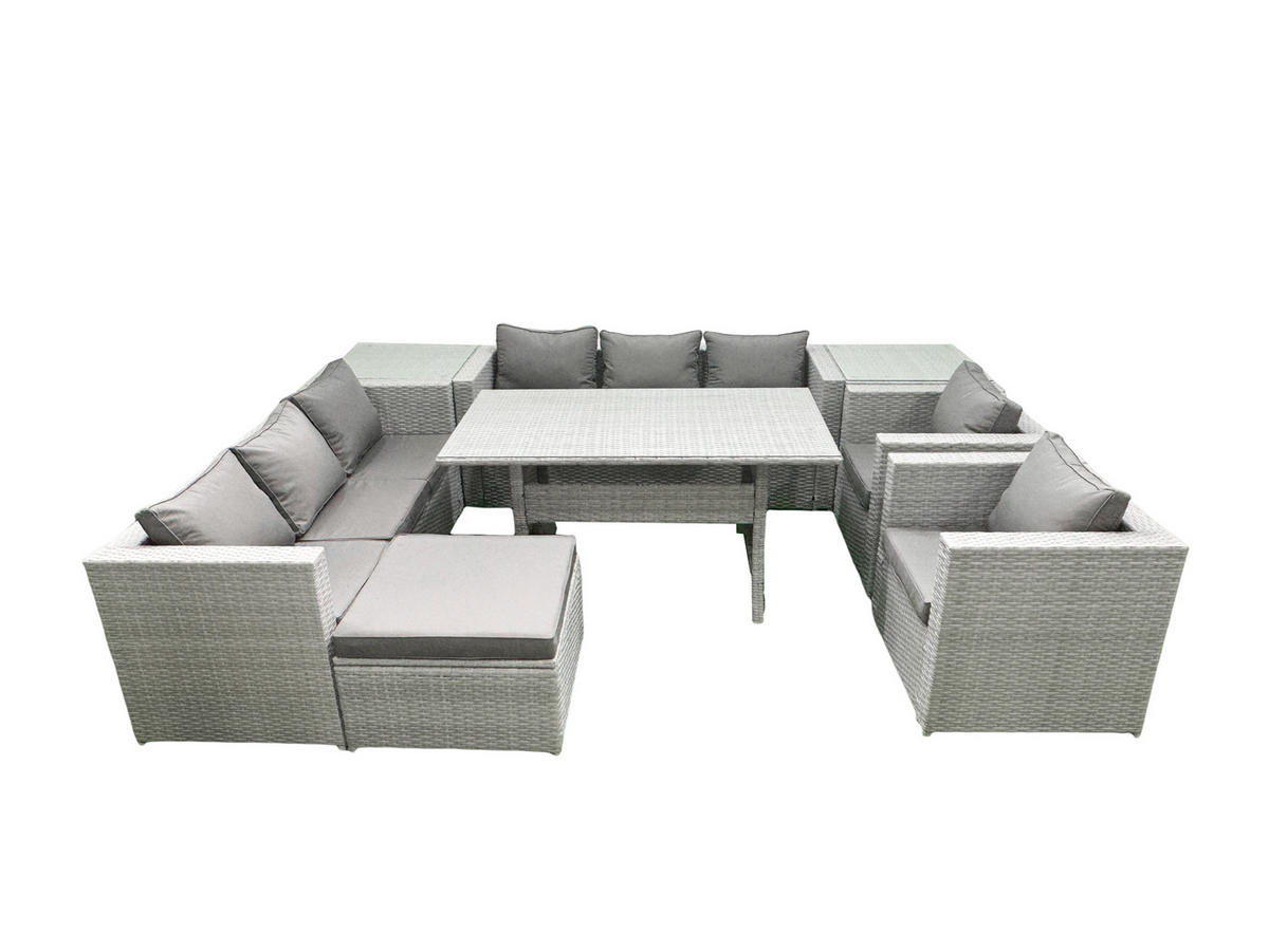GARTENMÖBEL SET mit 3-Sitzer-Sofa und 2 Stühle, Esstisch,2 Beistelltischen,Großer Fußhocker Polyrattan Hellgrau 9-Sitzer - Hellgrau/Grau, Glas/Kunststoff - Fimous