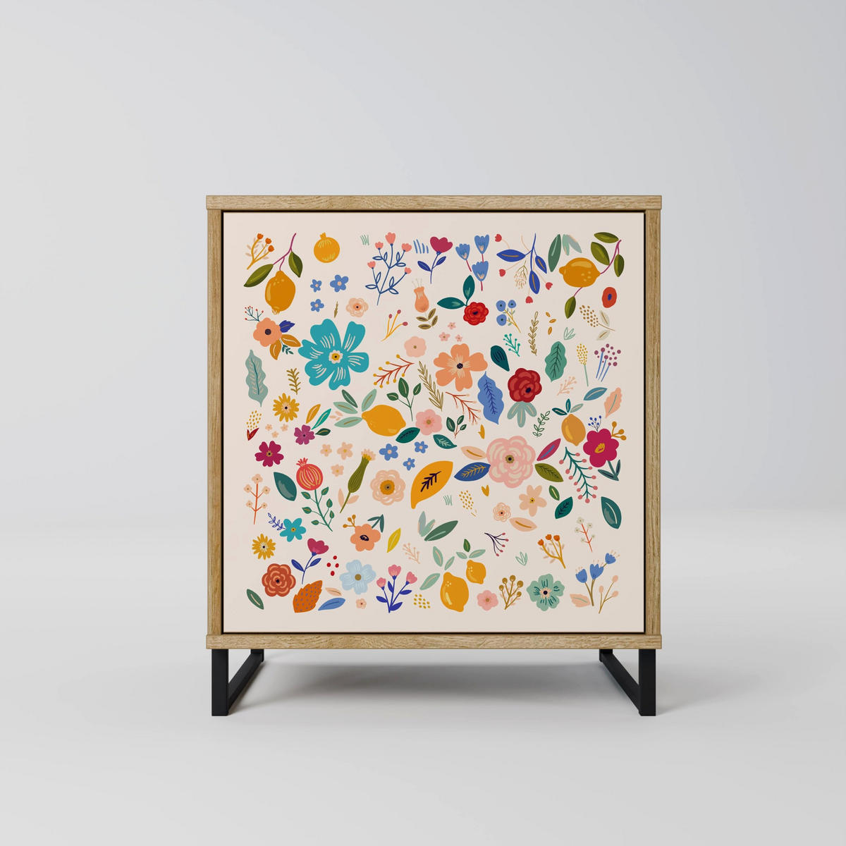 SIDEBOARD FLORAL COMBINATION, Eichefarben, 57,5x42x67,5 cm, Schwarze Metall-Rahmenfüße - Eichefarben/Multicolor, Holzwerkstoff/Metall (57.5/67.5/42cm) - SpaceRebels