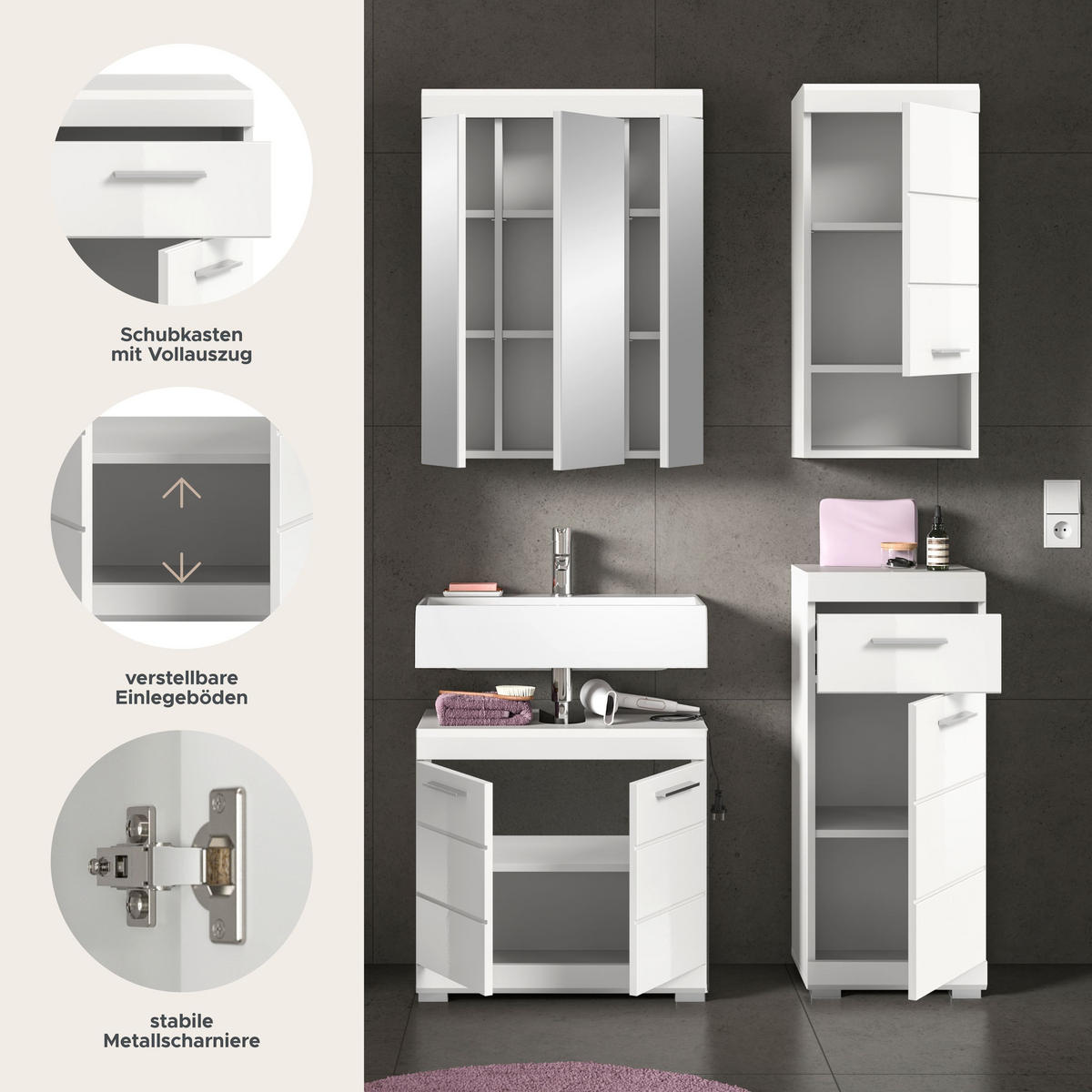 BADKOMBINATION 4tlg. Scout Bad in weiß Nachbildung und weiß hochglanz B/H/T: 112x191x34 cm - Weiß, Holz (112/191/34cm)