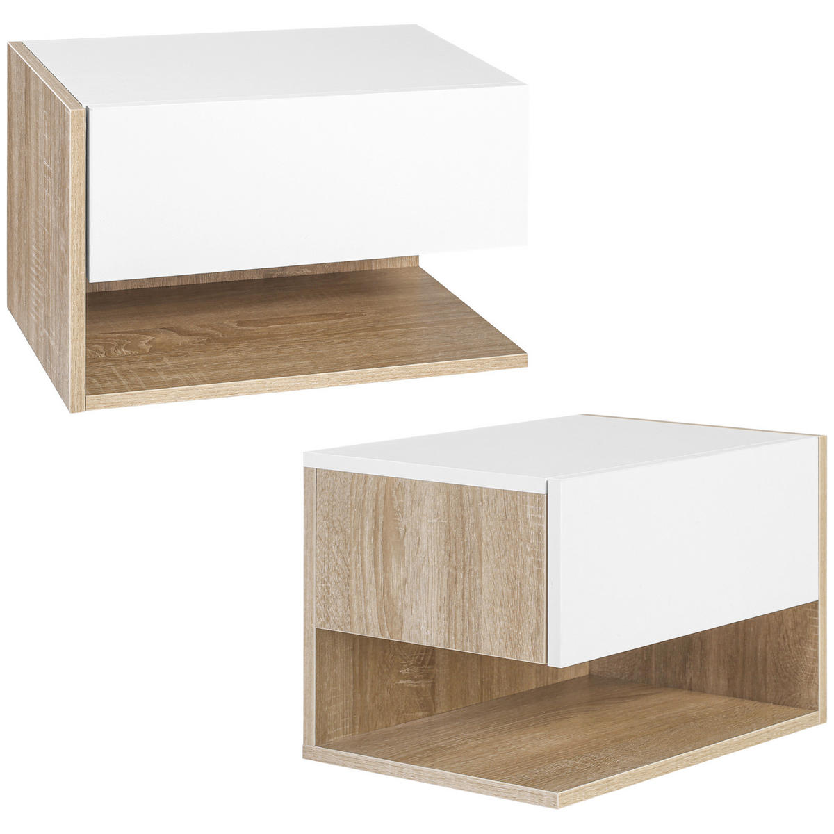 NACHTSCHRANK 2er-Set DE-12807 Schublade und offenes Fach Weiß/Eiche hell - Weiß, Holzwerkstoff (30/30/46cm) - ComfortXL