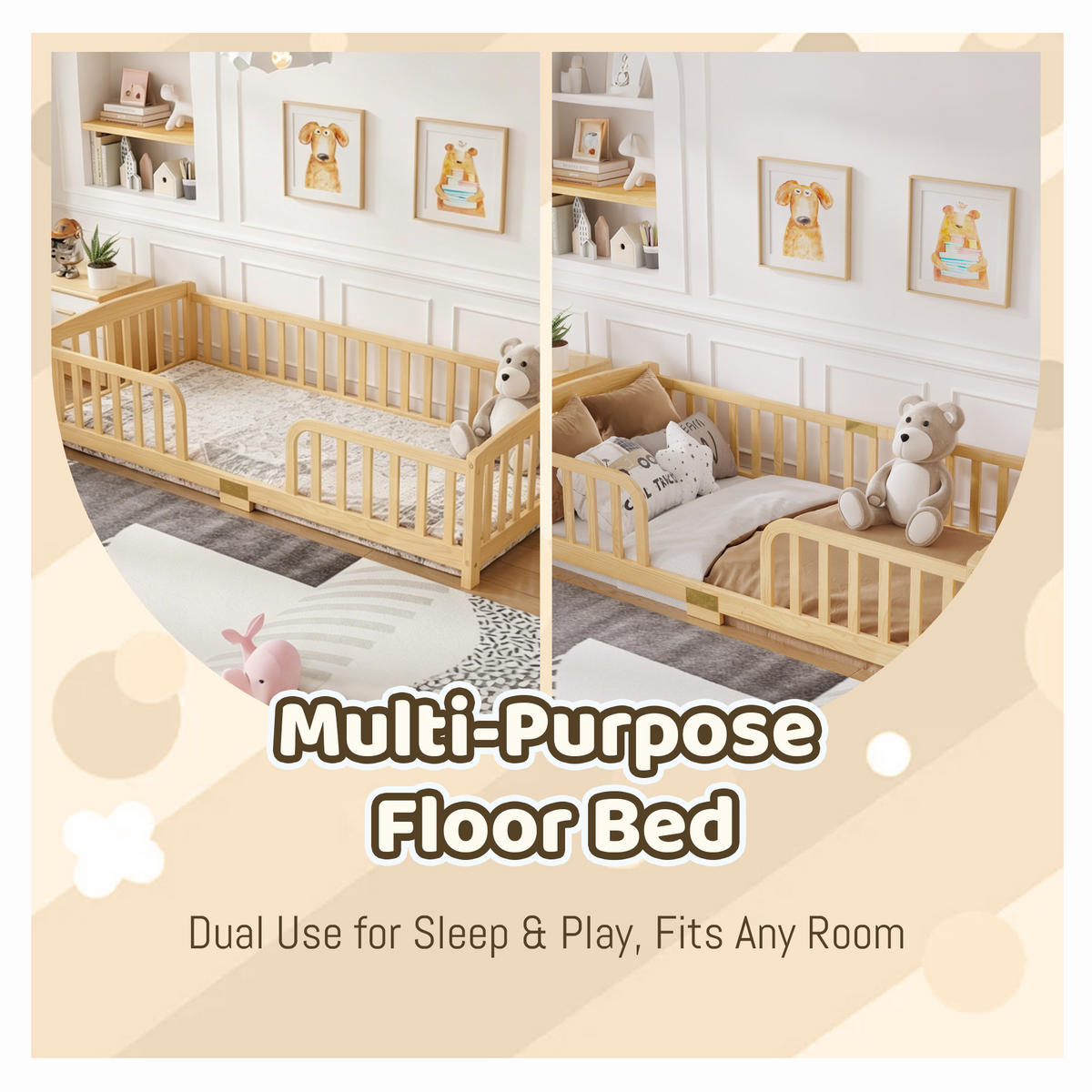 KINDERBETT, Bodenbett 90x200 cm mit Rausfallschutz aus Kiefer, Natur - Naturfarben, Holz/Holzwerkstoff (90/200cm) - LVHOM