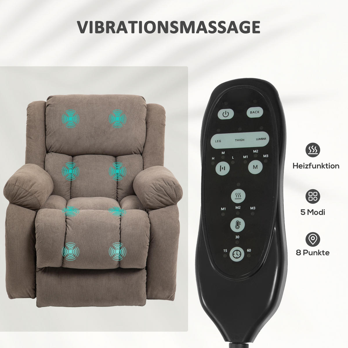 FERNSEHSESSEL mit Aufstehhilfe, Relaxsessel mit Liege-, Massagefunktion, Braun - Hellbraun/Schwarz, Textil/Metall (104/100/93cm) - HOMCOM