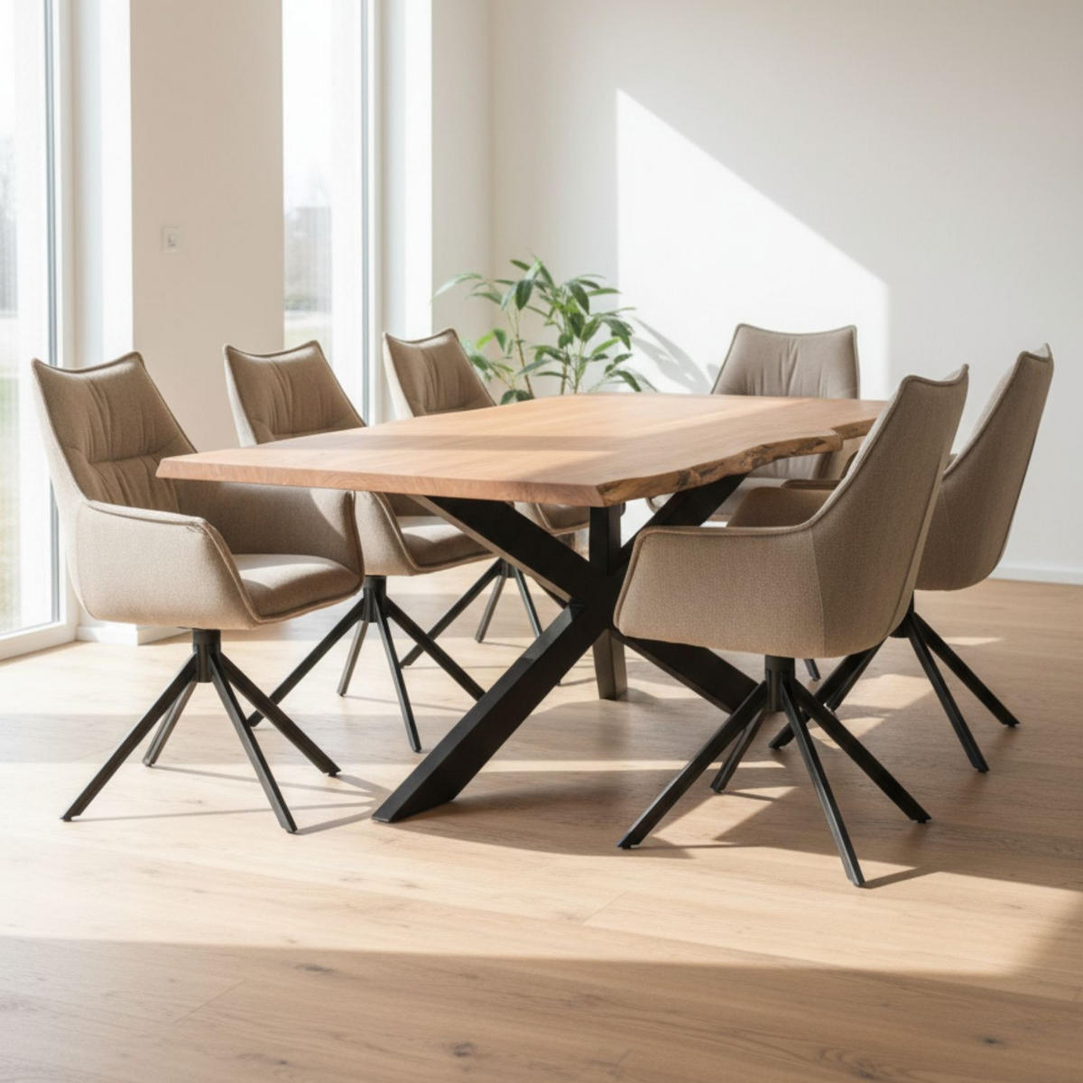 MÖBELSET Baumkantentisch Catania, 6er Set Diningsessel Ginosa hellgrau - Hellgrau/Schwarz, Holz/Textil (100/76/200cm) - bene living