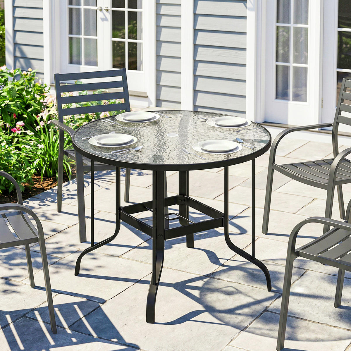 GARTENTISCH,RUND Sicherheitsglas mit Schirmloch Ø96,5x71cm,schwarz - Schwarz, Metall (96.5/96.5/71cm) - Vallsero