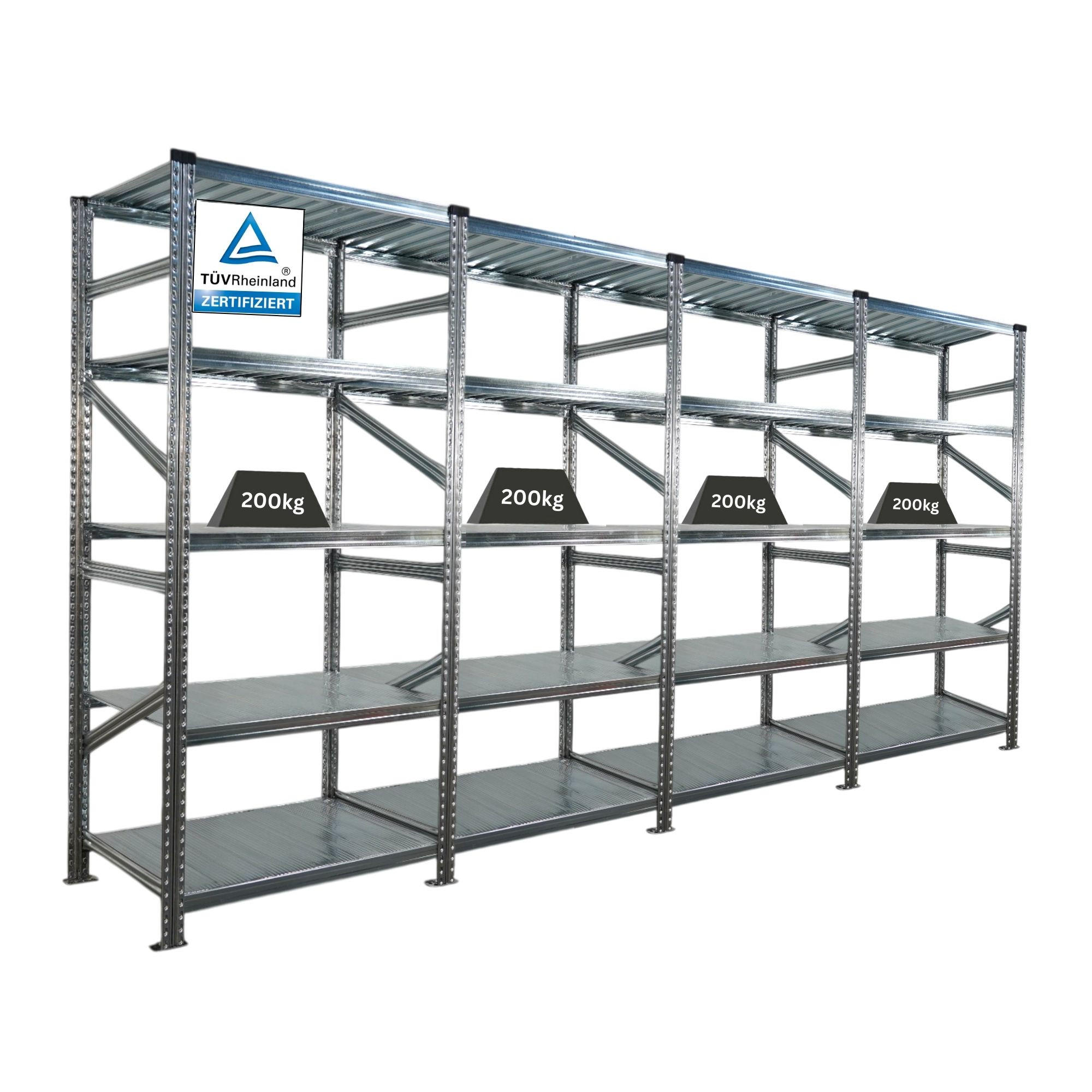 FACHBODENREGAL Proximo Stecksystem 200x360x60cm 5 Ebenen Fachlast 200 kg Beidseitig nutzbar Verzinkt - Silberfarben, Metall (360/200/60cm) - PROREGAL