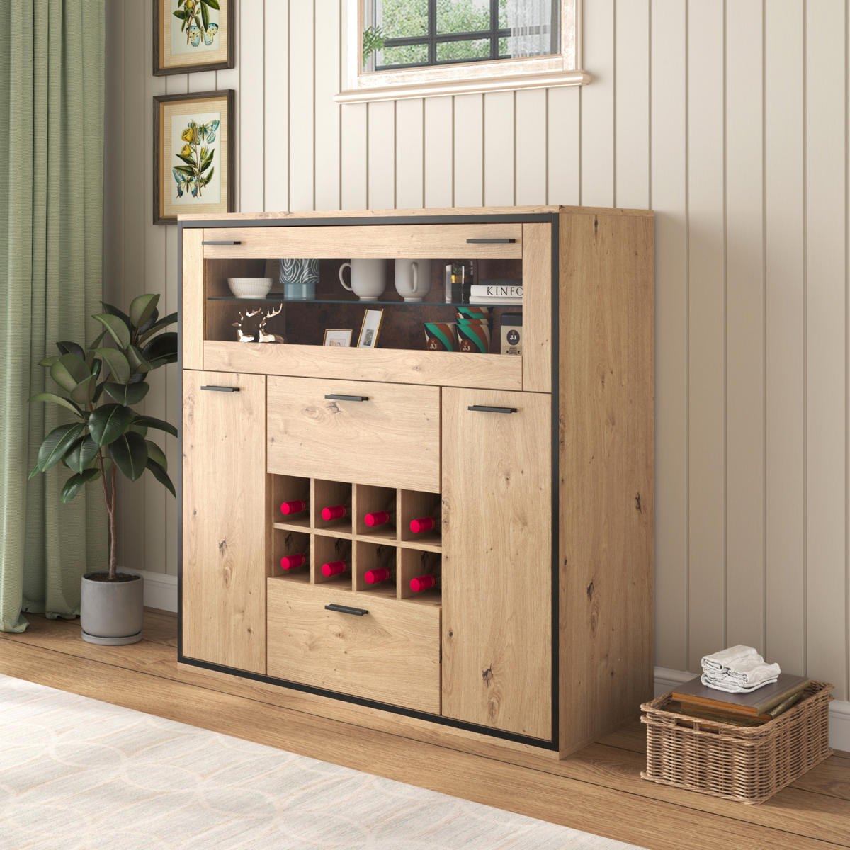 SIDEBOARD 38x110x111 cm, Glasregal, Weinfach, Naturfarben - Weiß, Holz (110/110/38cm)
