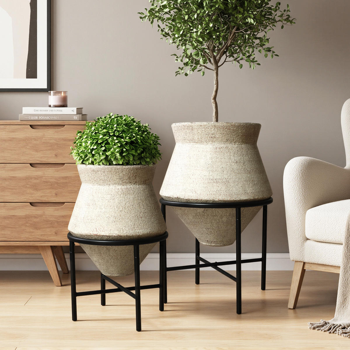BLUMENTOPF Set 2er aus Eisen, Durchmesser 31& 25cm - Beige, Metall (40/62/40cm) - Hometopia