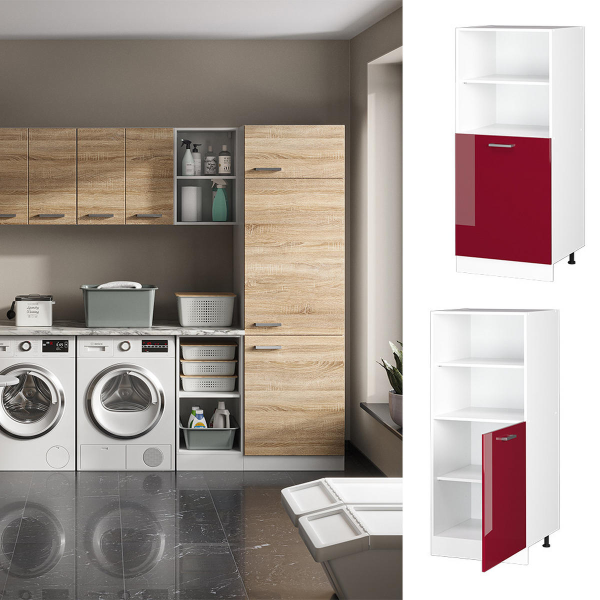 HOCHSCHRANK R-Line Bordeaux Hochglanz 60 cm mit offenen Regalen und Tür - Bordeaux/Weiß, Holzwerkstoff (60/143/57.2cm) - Vicco