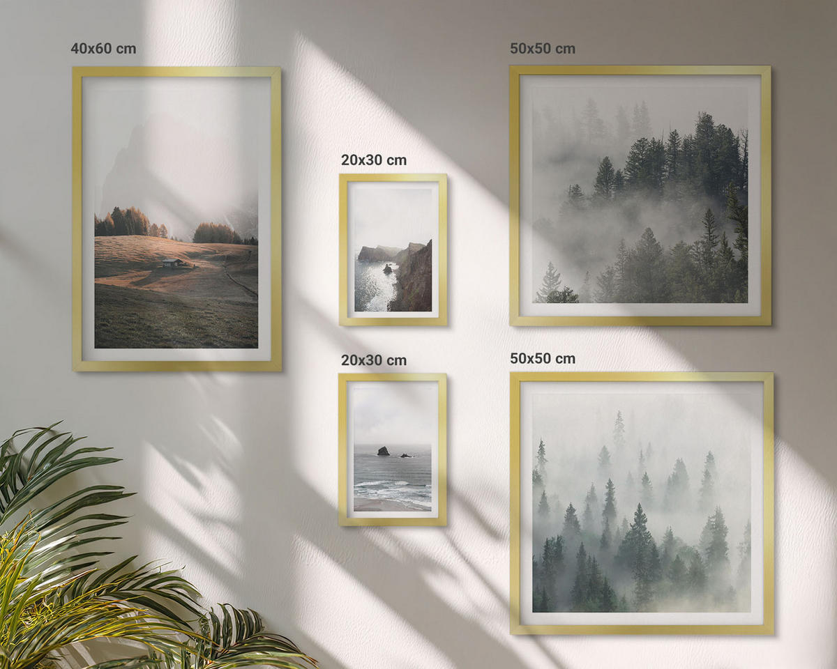WANDBILDER 5er Set - 50x50 cm & 20x30 cm & 40x60 cm Goldrahmen - Landschaften aus Bergen und Meer - Goldfarben, Kunststoff (40/60cm) - ArtPrintCave