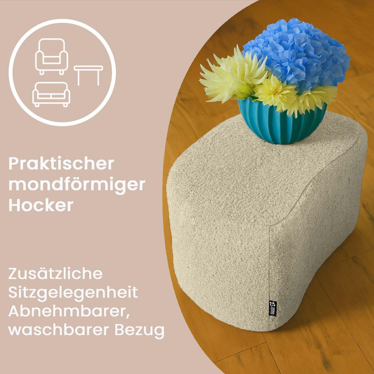 SITZSACK Halbmond 54/36/35 cm, weicher Bouclé 315 g/m², Creme - Creme, Textil (36/35/54cm) - Dreamroots
