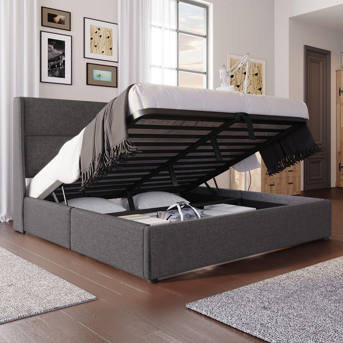 POLSTERBETT 160x200cm Doppelbett hydraulisch mit Stauraum & Kopfstütze Grau - Grau, Holz (160/200cm) - FLIEKS