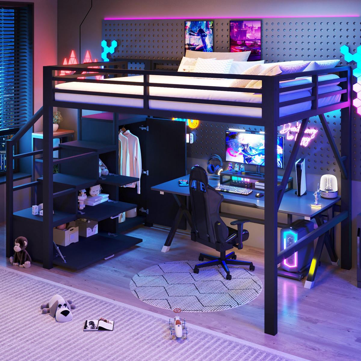 HOCHBETT 140/200 cm schwarz aus Metall/MDF mit Schrank und LED - Schwarz, Holzwerkstoff (140/200cm) - OKWISH