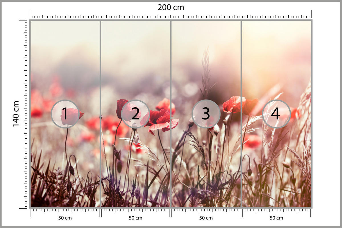 FOTOTAPETE für Esszimmer Feldblumen Rote Mohnwiese Sonne 200x140 - Rot/Orange, Papier (200/140cm) - Muralo