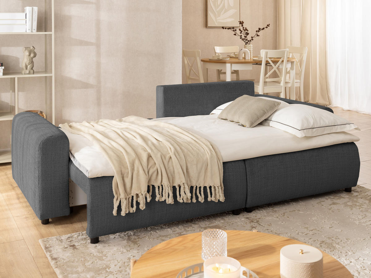 ECKSOFA Calma mit Schlaffunktion und Bettkasten im Bumpy-Design aus weichem Grau Chenille-Stoff - Ottomane rechts - Beige/Schwarz, Holz/Kunststoff (239/140cm) - S-Style Möbel