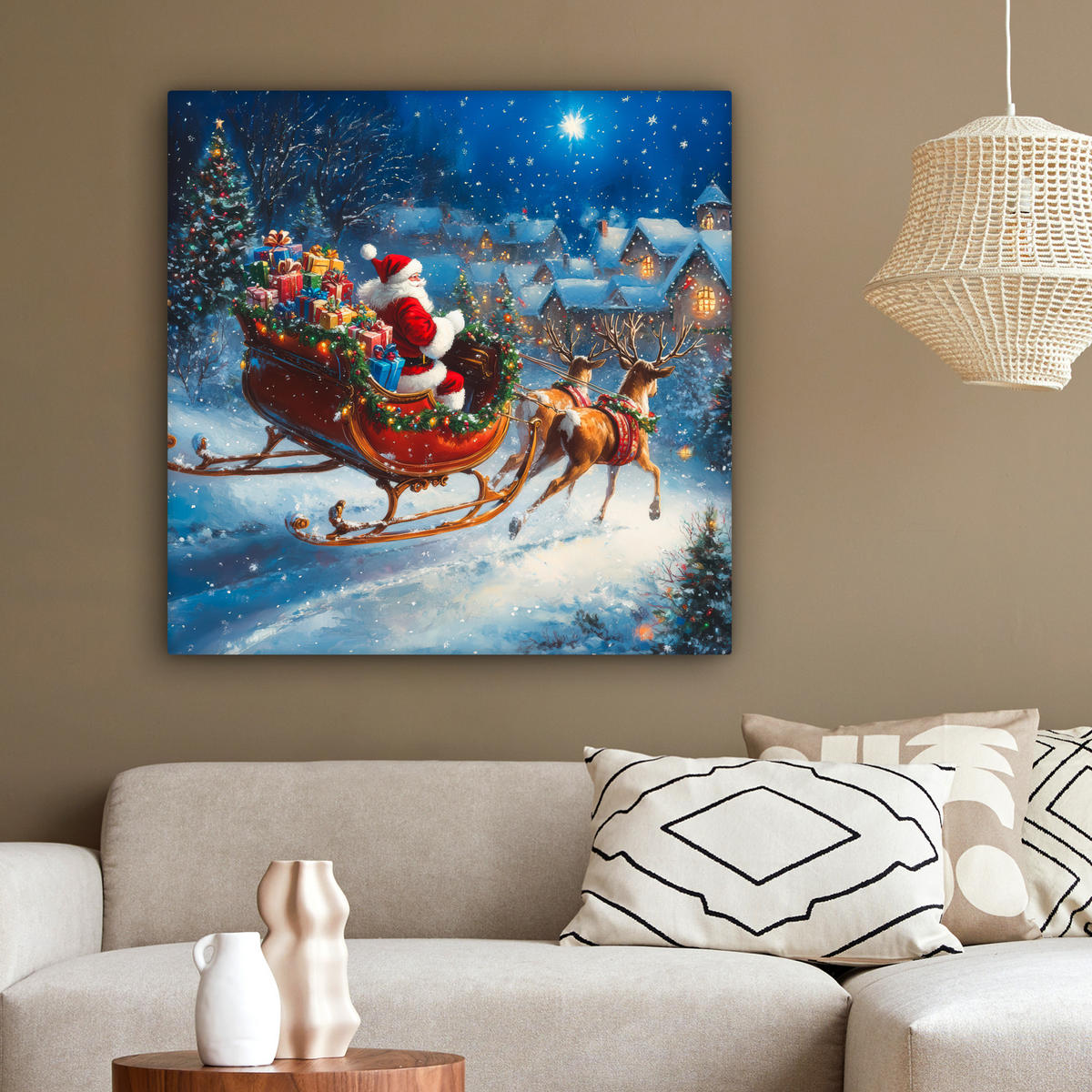 LEINWANDBILD Weihnachtsmann - Rentier - Weihnachten - Schnee 90x90 cm - Cognac, Textil (90/90cm) - MuchoWow