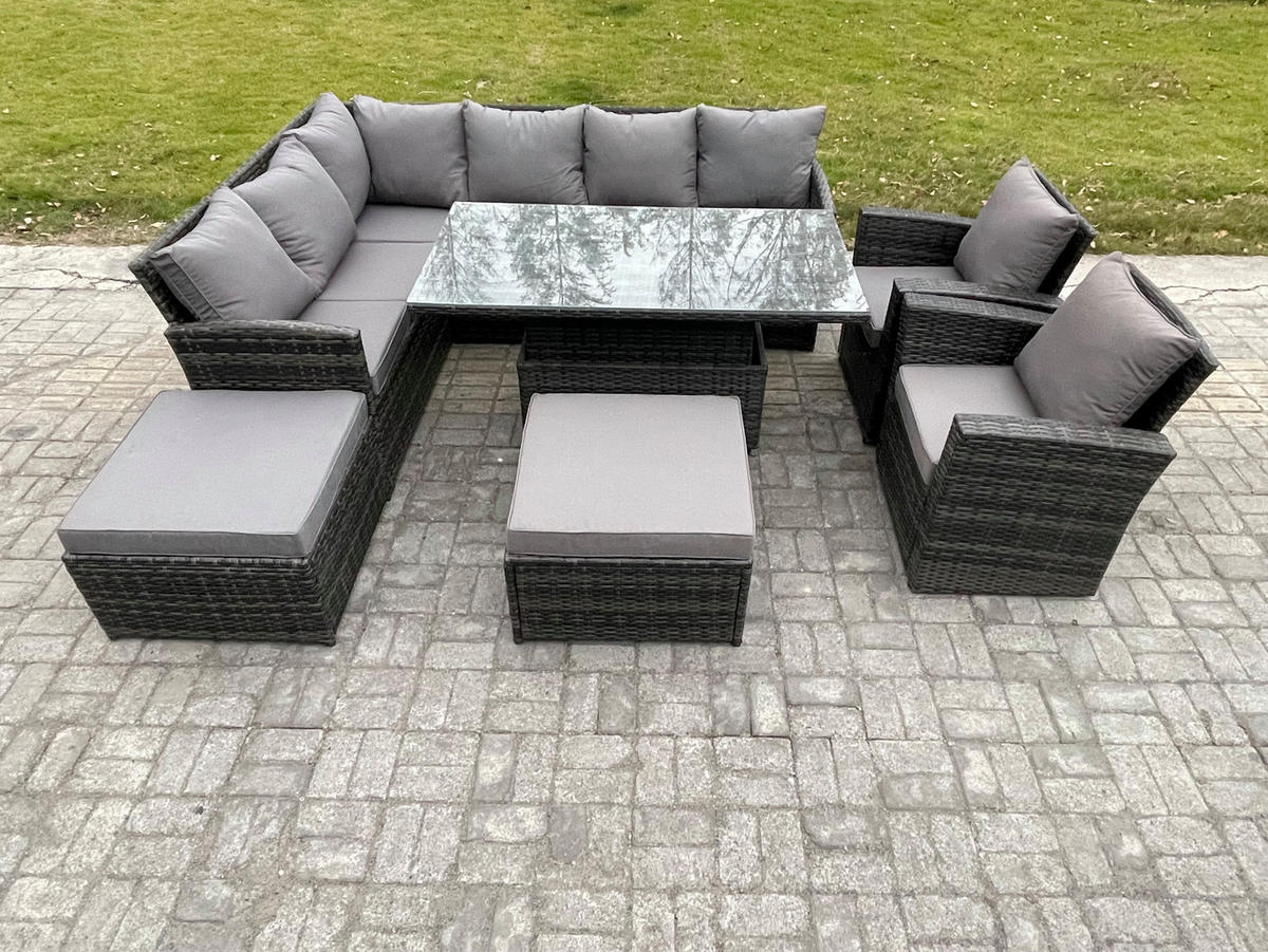 GARTENSET mit Höhenverstellbarer Tisch, 2 Fußhocker, 2 Stuhl Polyrattan Dunkelgrau 10-Sitzer - Dunkelgrau/Grau, Glas/Kunststoff - Fimous