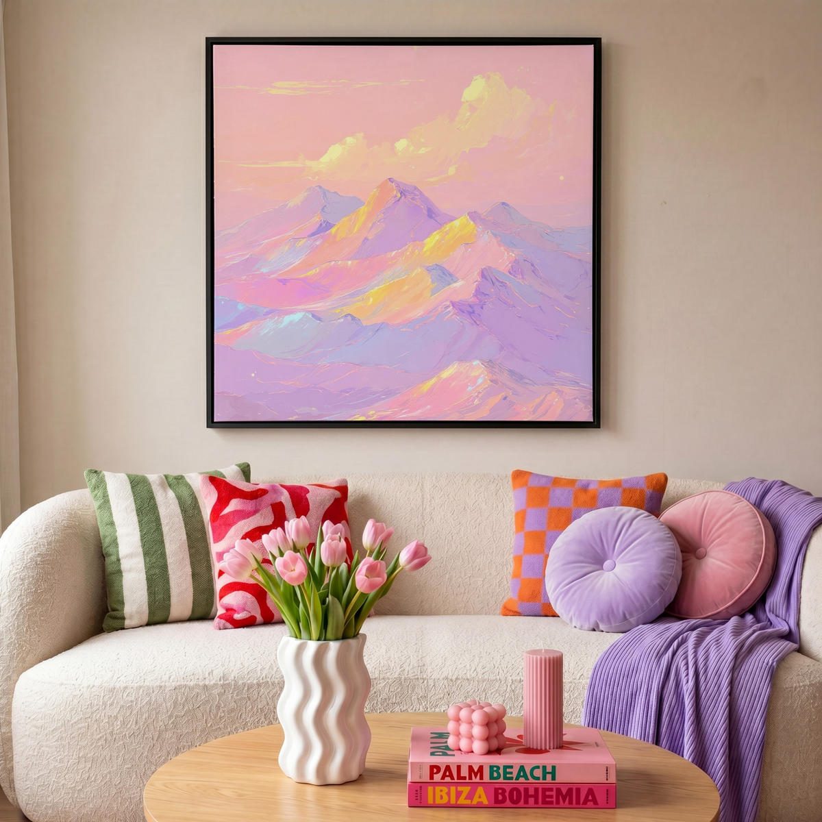 LEINWAND Bilder mit Rahmen - Berggipfel - Wolken - Verträumt - 90x90 - Hellrosa, Textil (90/90cm) - MuchoWow