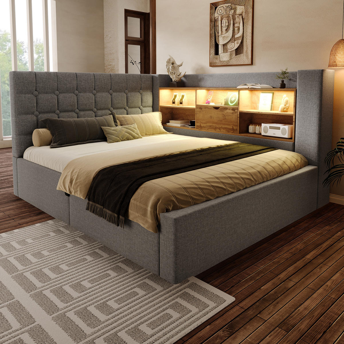 POLSTERBETT 140/200 cm Grau mit LED-Beleuchtung und Stauraum (Ohne Matratze) - Grau, Textil (140/200cm) - Oxeza
