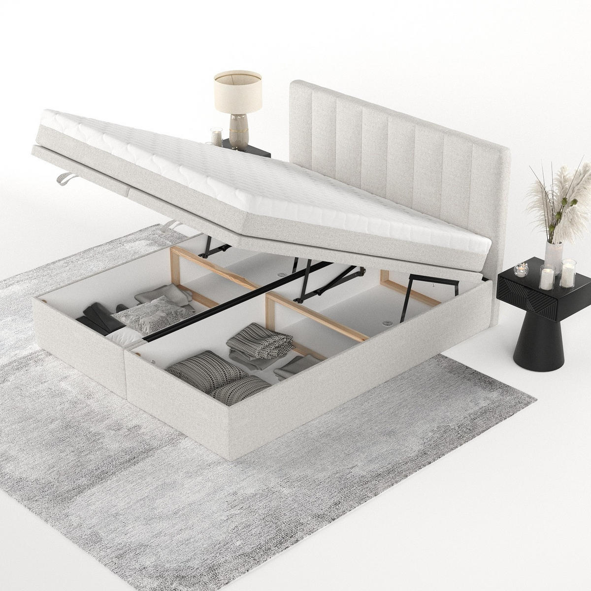 BOXBETT Lume 140/200 cm Hellbeige im Riva Stoff - Sandfarben/Schwarz, Holz/Holzwerkstoff (140/200cm) - AltaBeds