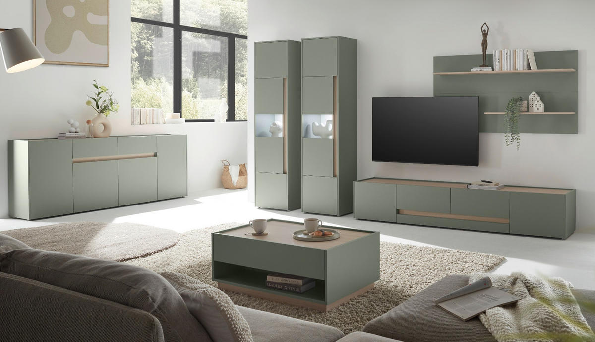 SIDEBOARD in Salbei Grün mit Eiche, große Kommode 4-türig mit Schubkästen, 223 x 87 cm - Salbeigrün/Eichefarben, Holz/Holzwerkstoff (223/87/40cm) - Furn.Design