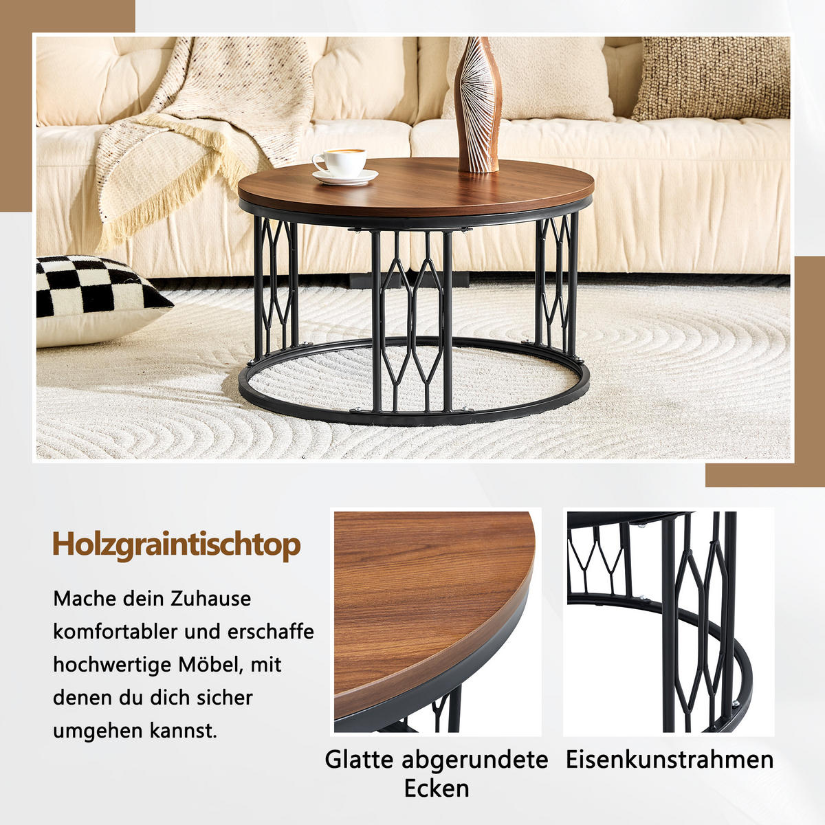 COUCHTISCH DE-37365 rund mit Holzoptik Walnuss - Walnussfarben, Metall (70/70/40.5cm) - ComfortXL
