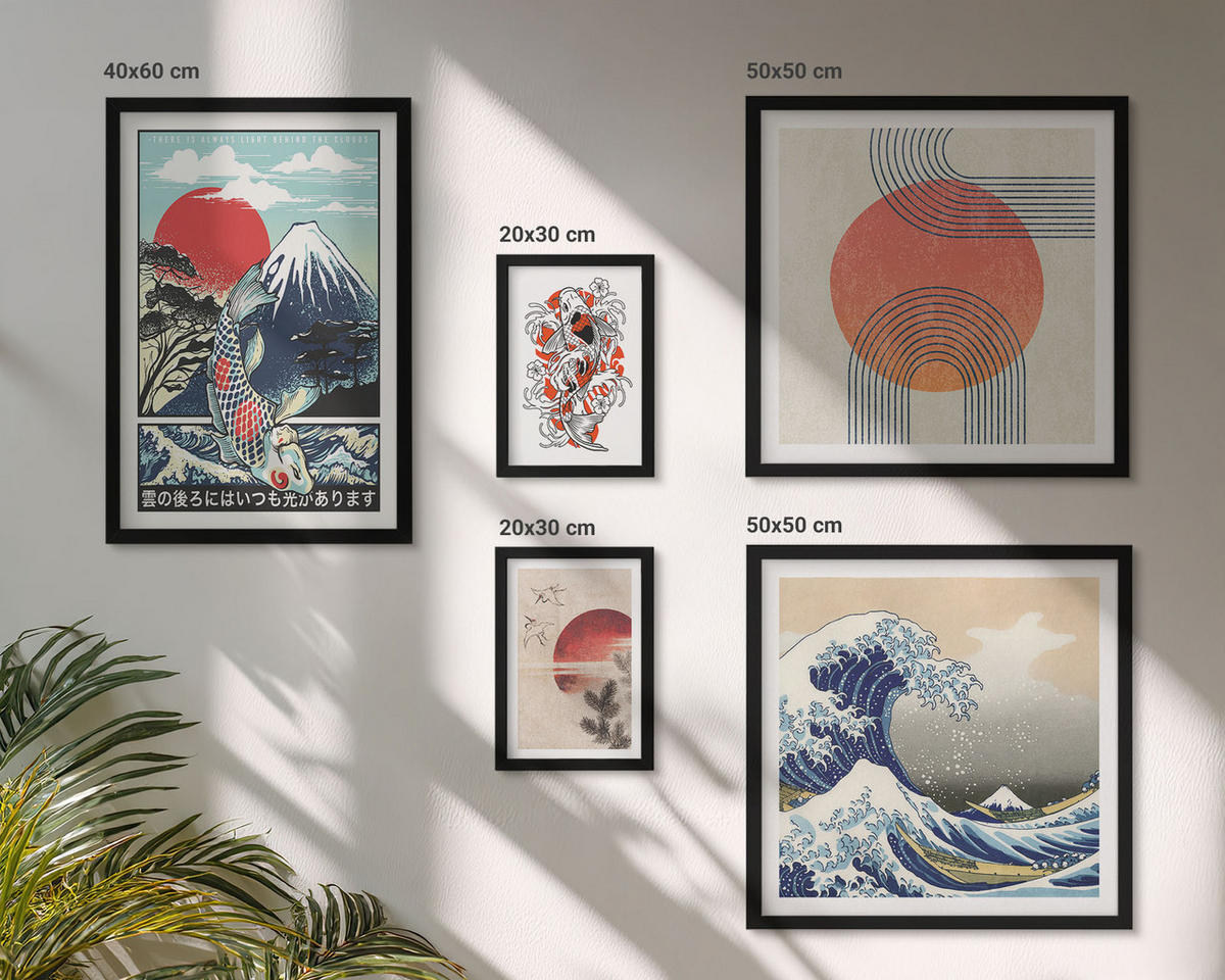 BILDER SET 5er Set - 50x50 cm & 20x30 cm & 40x60 cm Schwarzer Rahmen - Illustrationen von Fischbergen, die sich in Japan ausbreiten - Schwarz, Kunststoff (40/60cm) - TULUP