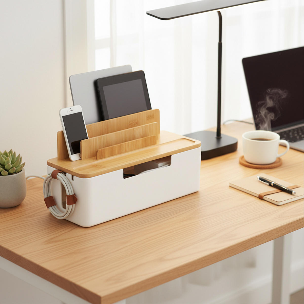 KABELBOX - Weiß, Holz/Kunststoff (13/30/16cm) - Relaxdays