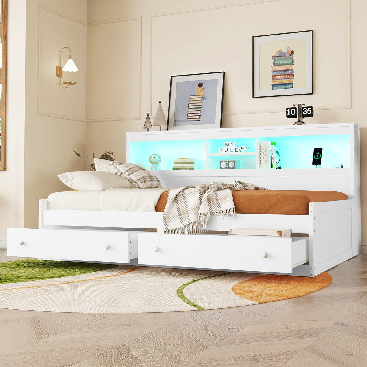POLSTERBETT 90/200 cm Weiß mit LED-Beleuchtung und USB-Anschlüssen - Weiß, Holzwerkstoff (90/200cm) - Flora Grace