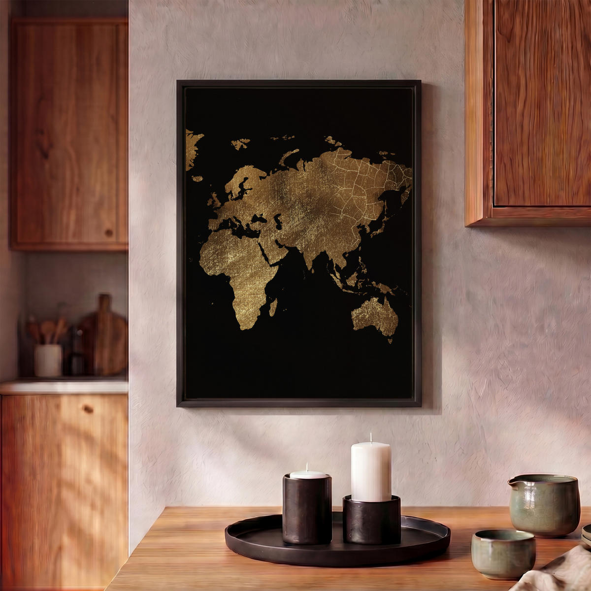 LEINWAND Bilder mit Rahmen - Weltkarte - Gold - Luxus - Erde - Schwarz - 30x40 - Goldfarben, Textil (30/40cm) - MuchoWow