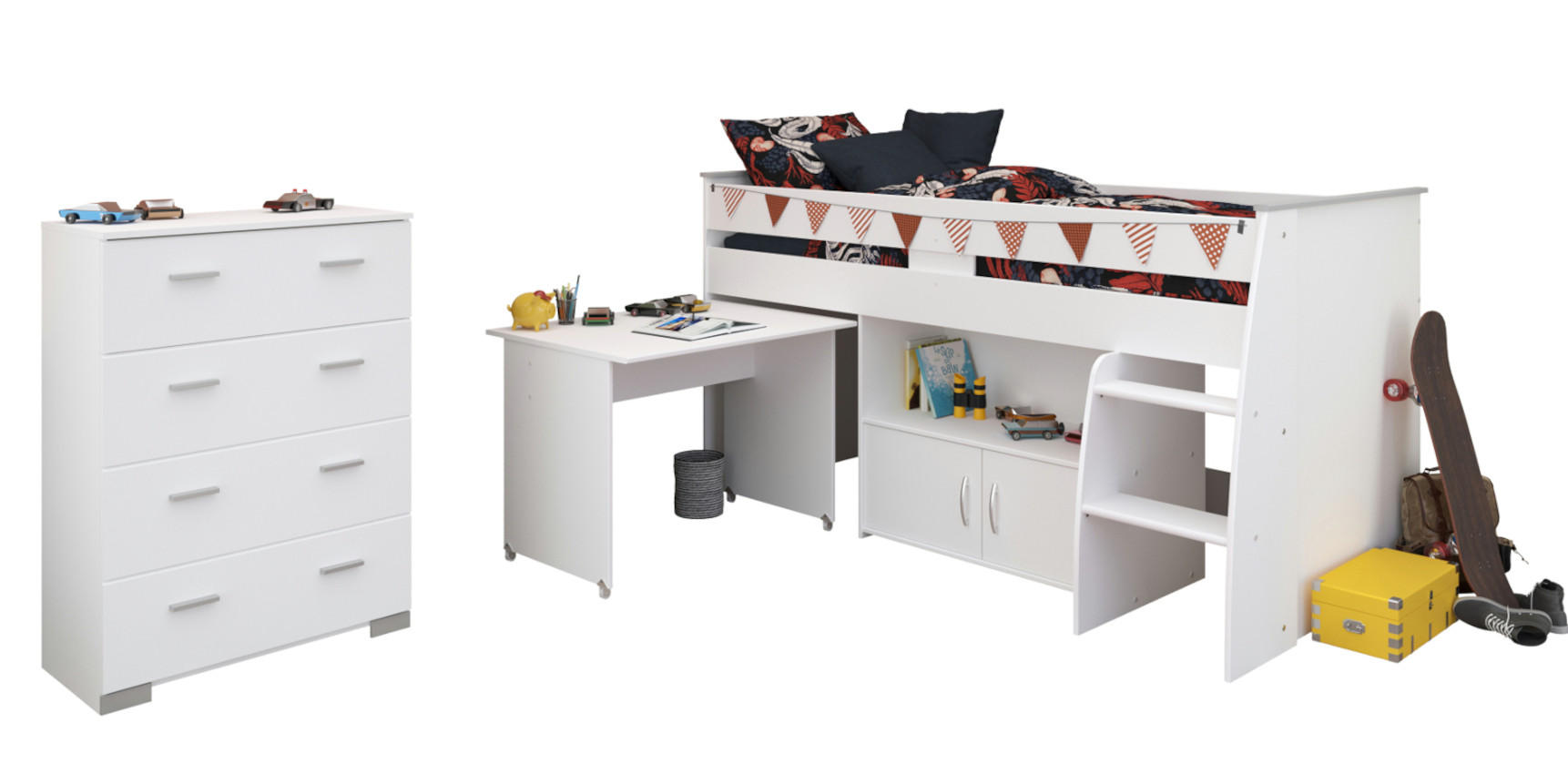 KINDERZIMMER weiß, Komplett-Set 2-teilig mit Stauraumbett, Kommode - Silberfarben/Weiß, Holzwerkstoff/Kunststoff (115/110/204cm) - Parisot Meuble