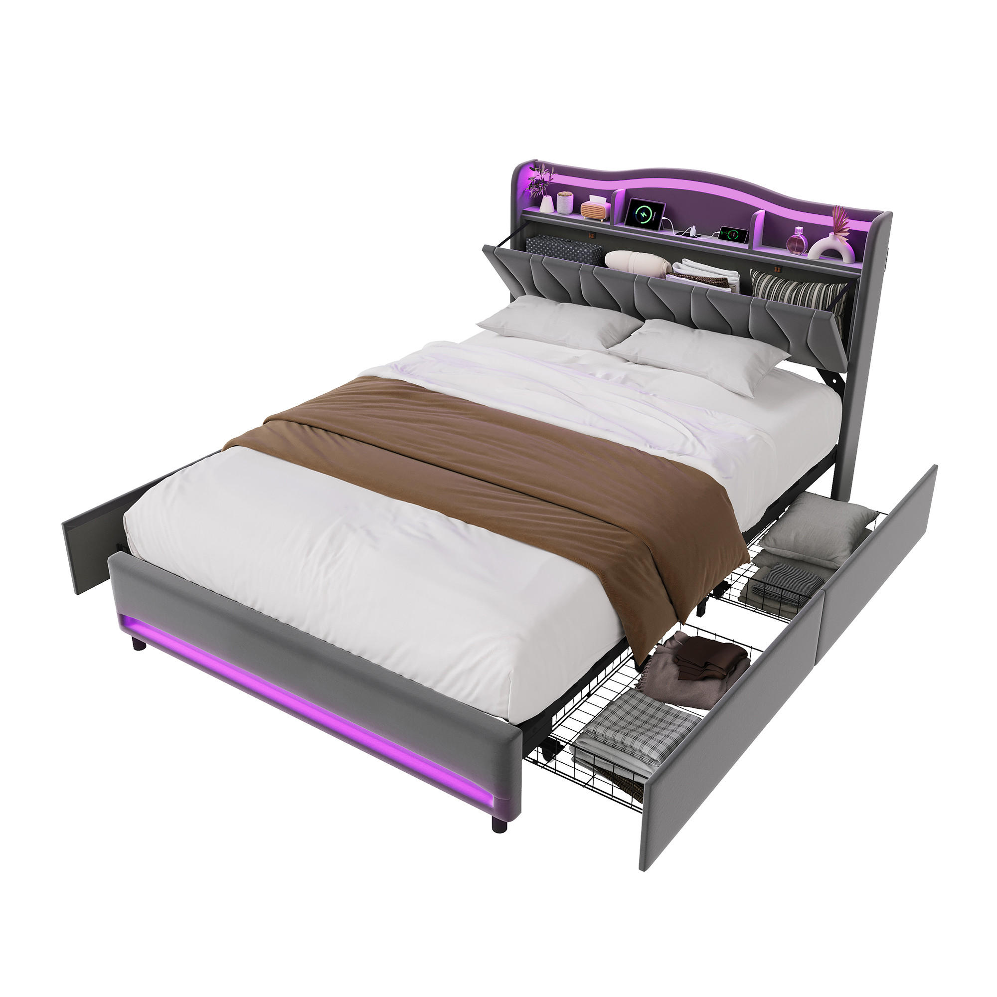 POLSTERBETT 140x200 cm Grau mit LED, USB-C, 4 Schubladen - Grau, Holz (140/200cm)