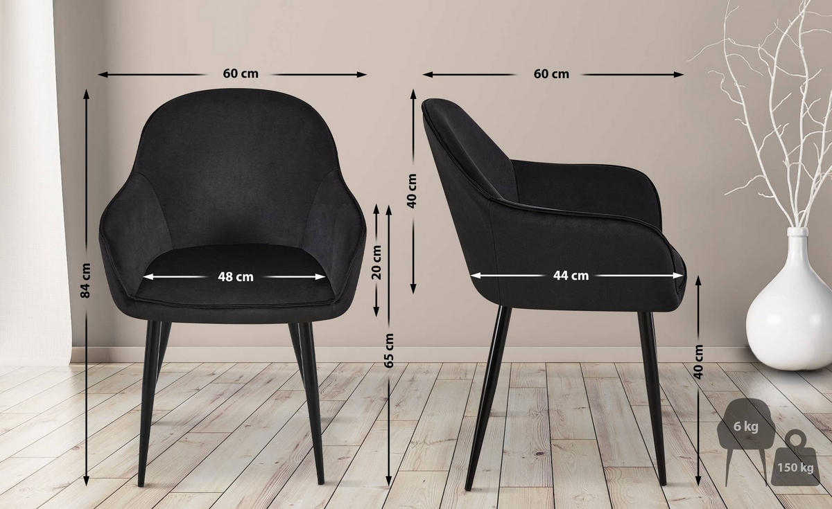 ARMLEHNENSTUHL Samt schwarz - Schwarz, Textil/Metall (60/84/60cm) - CLP