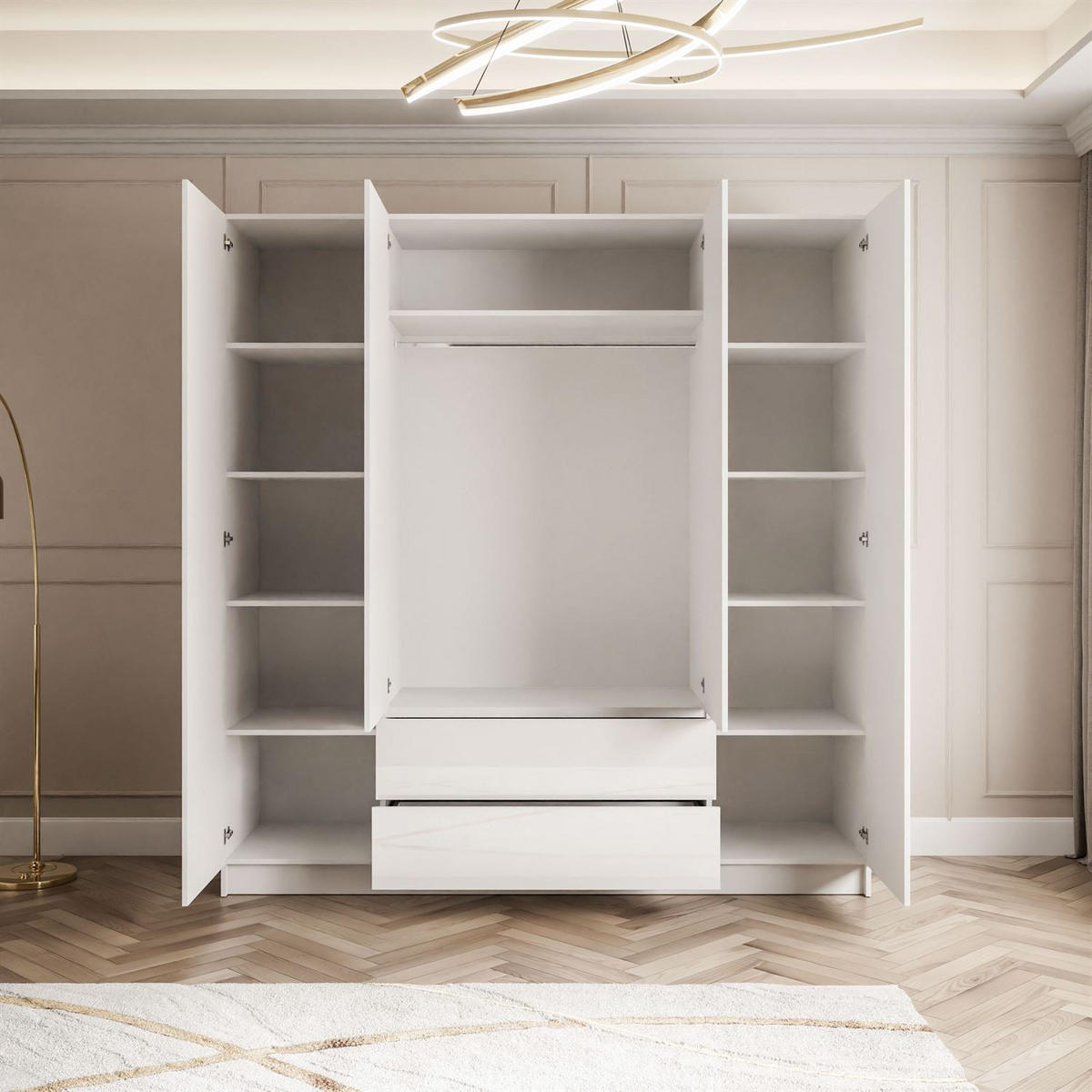 KLEIDERSCHRANK AUREL 4D2SZ mit Schubladen - Weiß Hochglanz, Holzwerkstoff (200/200/57cm) - Lookway