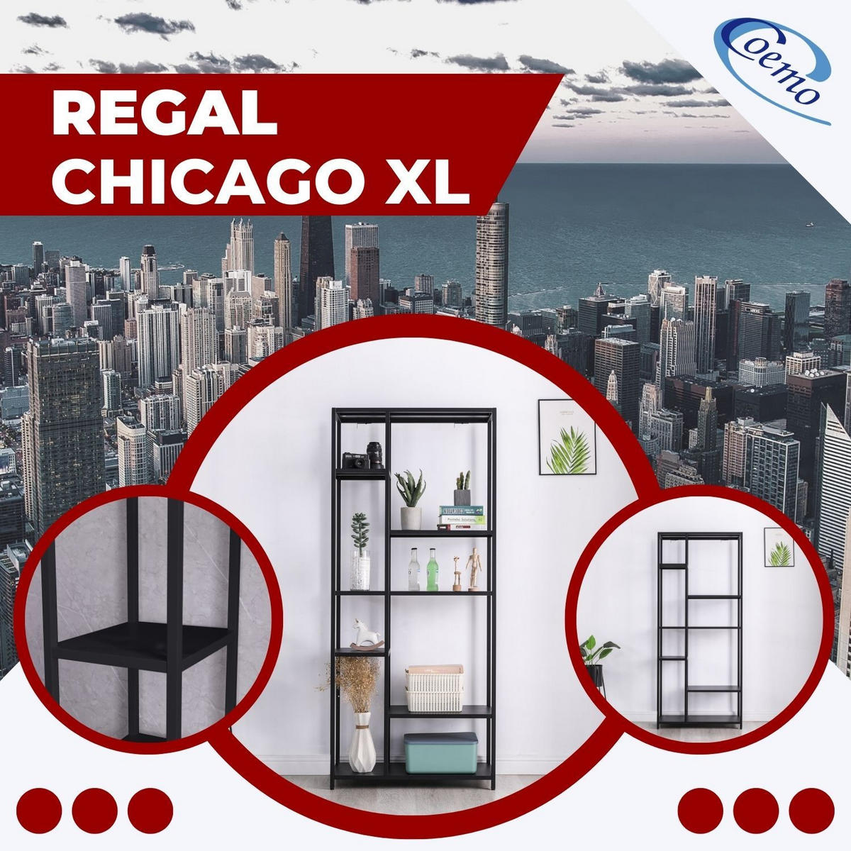 REGAL CHICAGO XXL Metall 6 Ablageflächen 80/35/185 cm in Schwarz - Schwarz, Metall (35/185/80cm) - Coemo