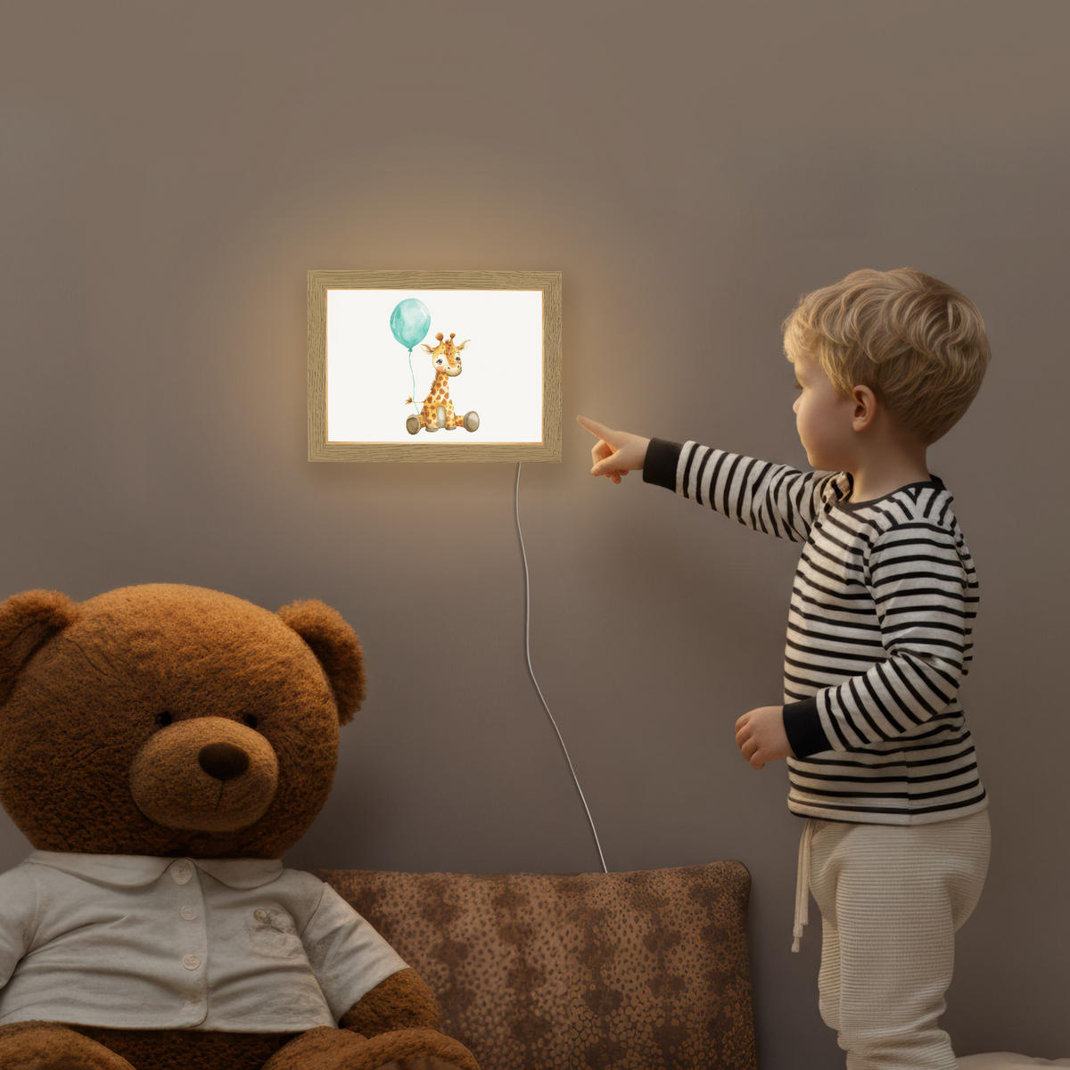 NACHTTISCHLAMPE Giraffe - Baby - Tiere - Blauer Ballon 20x15 cm - Weiß, Holzwerkstoff (8/20/15cm)