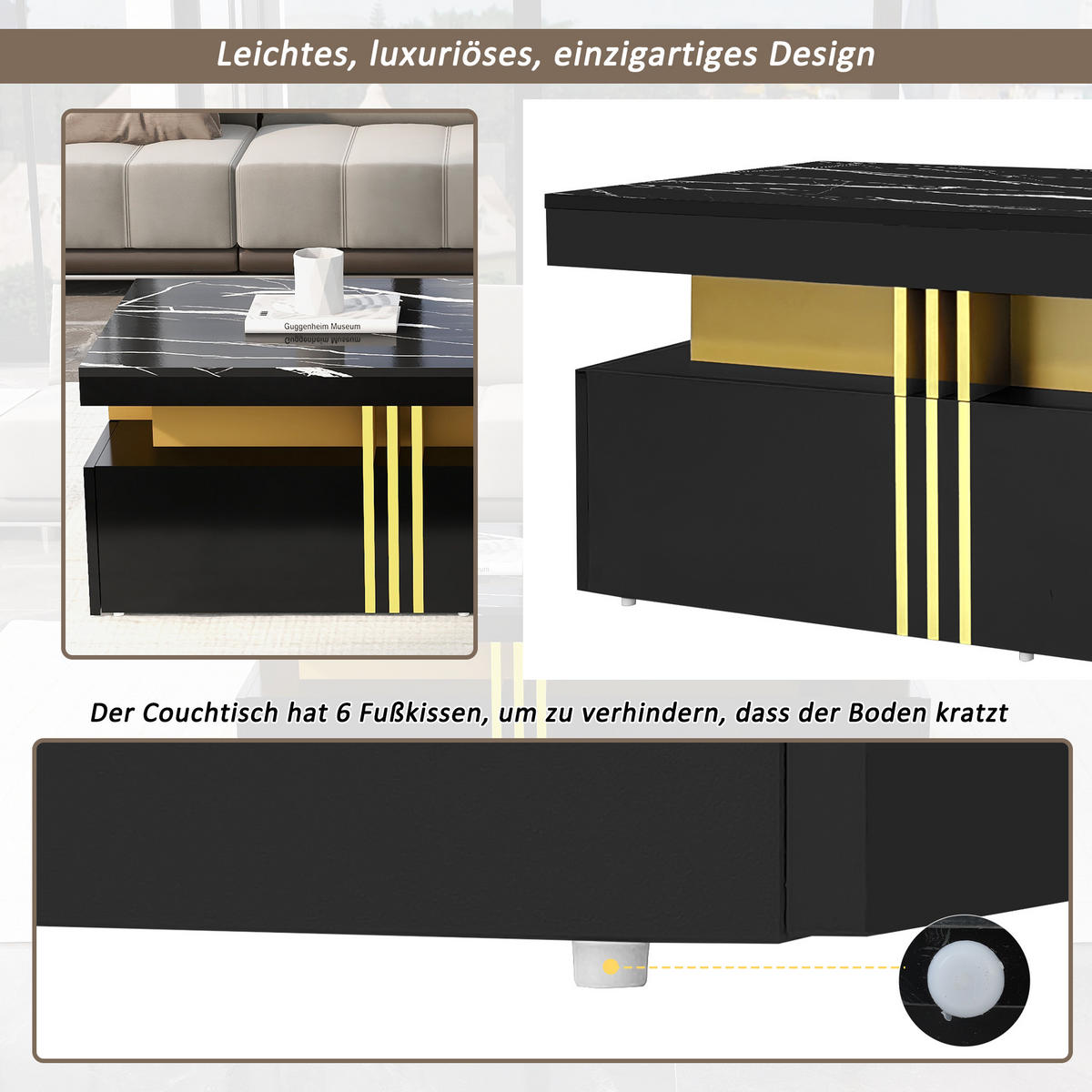 TV-ELEMENT mit Couchtisch - Schrankkombination 2er-Set in Schwarz und Gold - Schwarz, Holzwerkstoff (100/40/50cm) - OKWISH