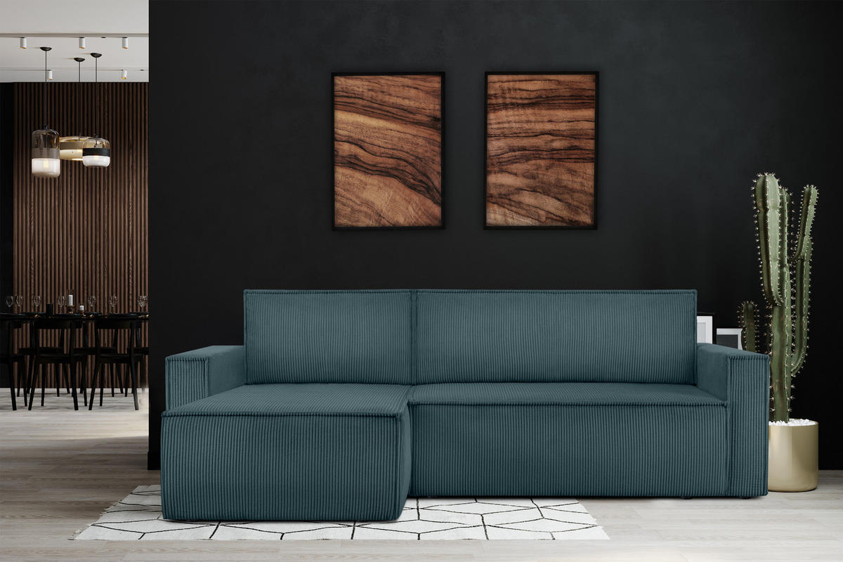 ECKSOFA-LINKS/RECHTS NAPI Schlaffunktion mit Cordbezug, Blau - Blau/Schwarz, Textil (246/148cm) - KONSIMO®