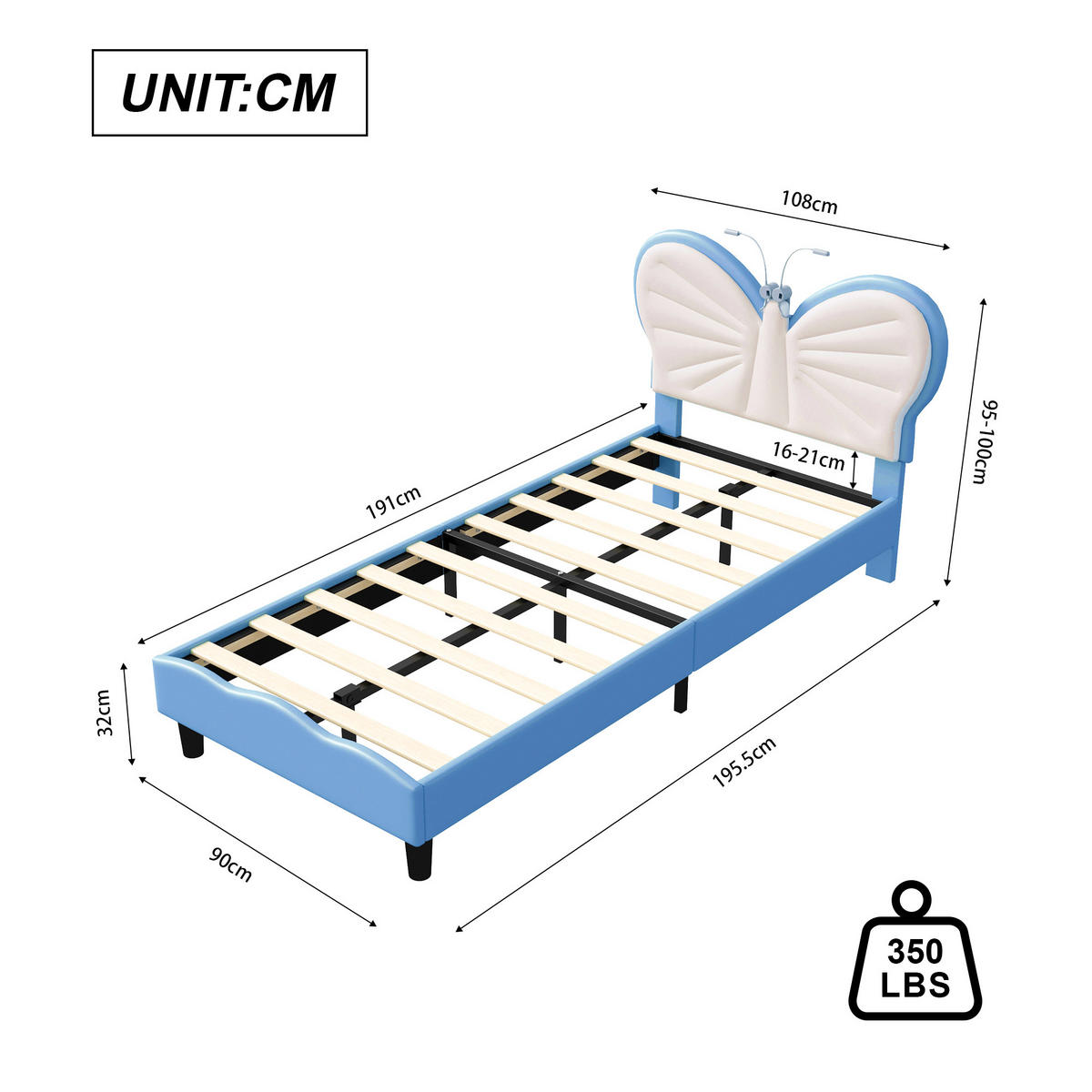 KINDERBETT 90/190 Blau Schmetterling Polsterbett mit LED-Leseleuchte - Hellblau, Metall (90/190cm) - Joyfair