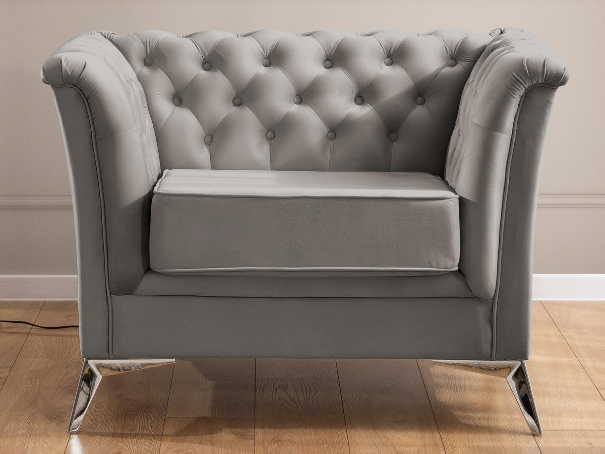 CHESTERFIELD-SESSEL Whitby Grau Samt mit silbernen Füßen - Silberfarben/Grau, Holz/Textil (116/78/82cm) - S-Style Möbel