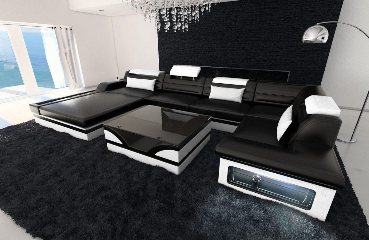 SOFA Mezzo U Schwarz Weiß Kunstleder - Schwarz, Textil (372/78/214cm)