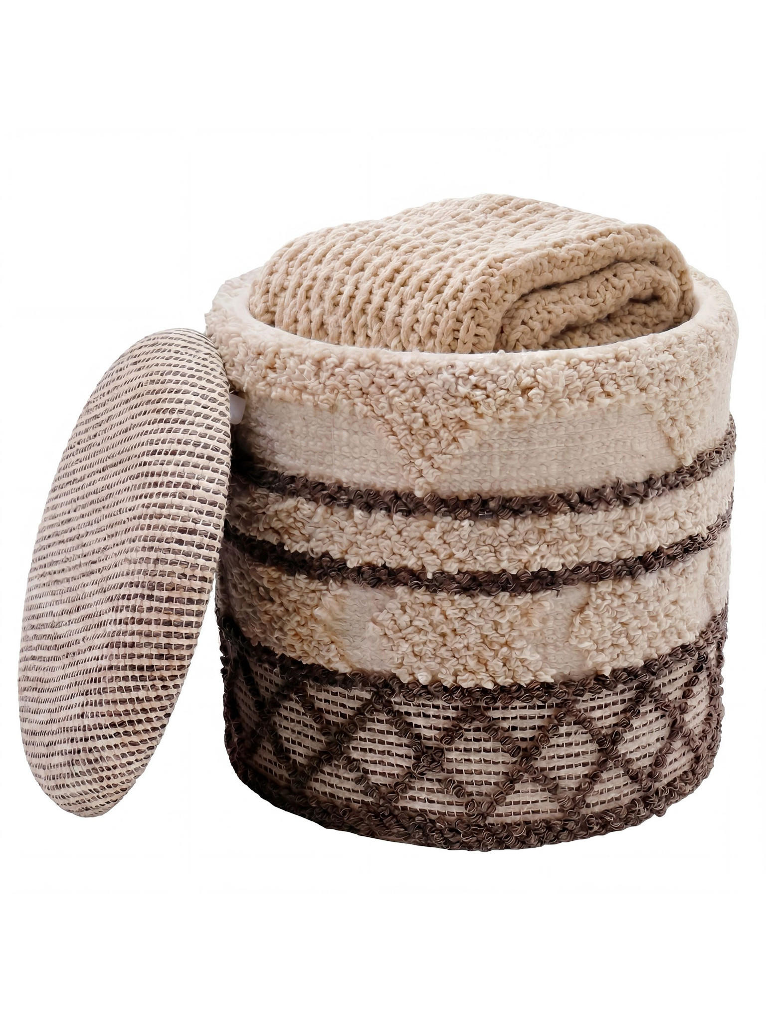 SITZHOCKER RHONE, Stoff, mit Textilbezug, mit Rauten, Beige-Braun, Ø 40 x 45 cm - Beige, Textil (40/45/40cm) - KADIMA DESIGN
